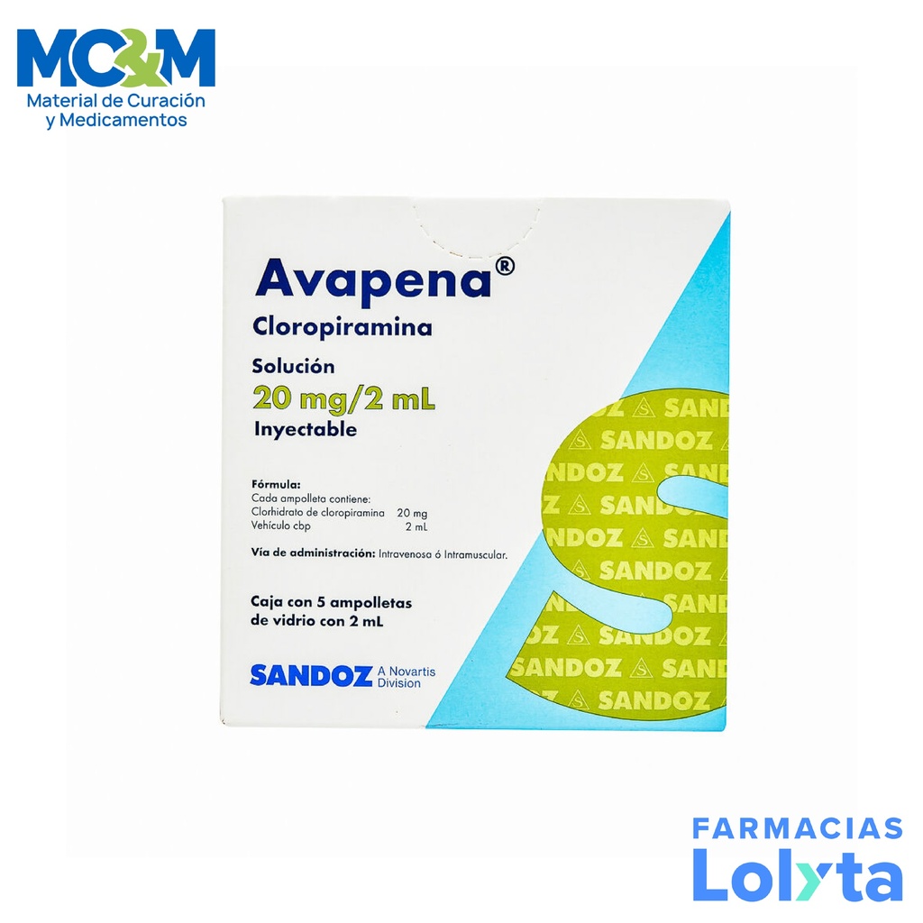 AVAPENA SOL INY 20 MG/2 ML C/5 AMP DE 2 ML CLOROPIRAMINA LAB SANDOZ