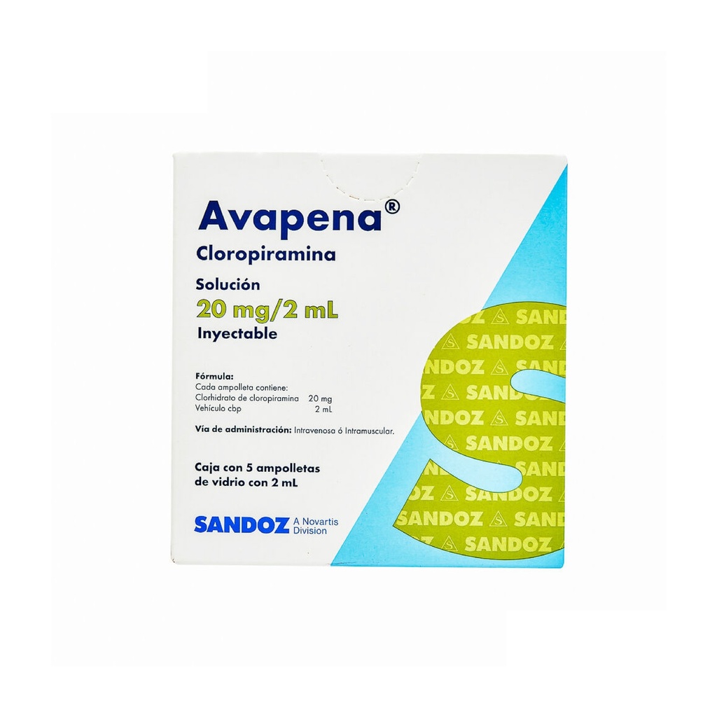 [111] AVAPENA SOL INY 20 MG/2 ML C/5 AMP DE 2 ML CLOROPIRAMINA LAB SANDOZ