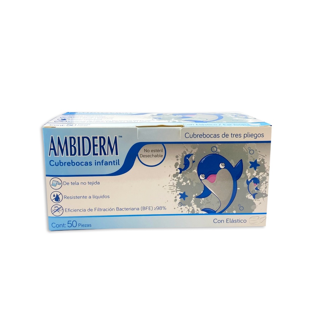 CUBREBOCA INFANTIL CON ESTAMPADO 3 PLIEGOS CON ELASTICO C/50 AMBIDERM