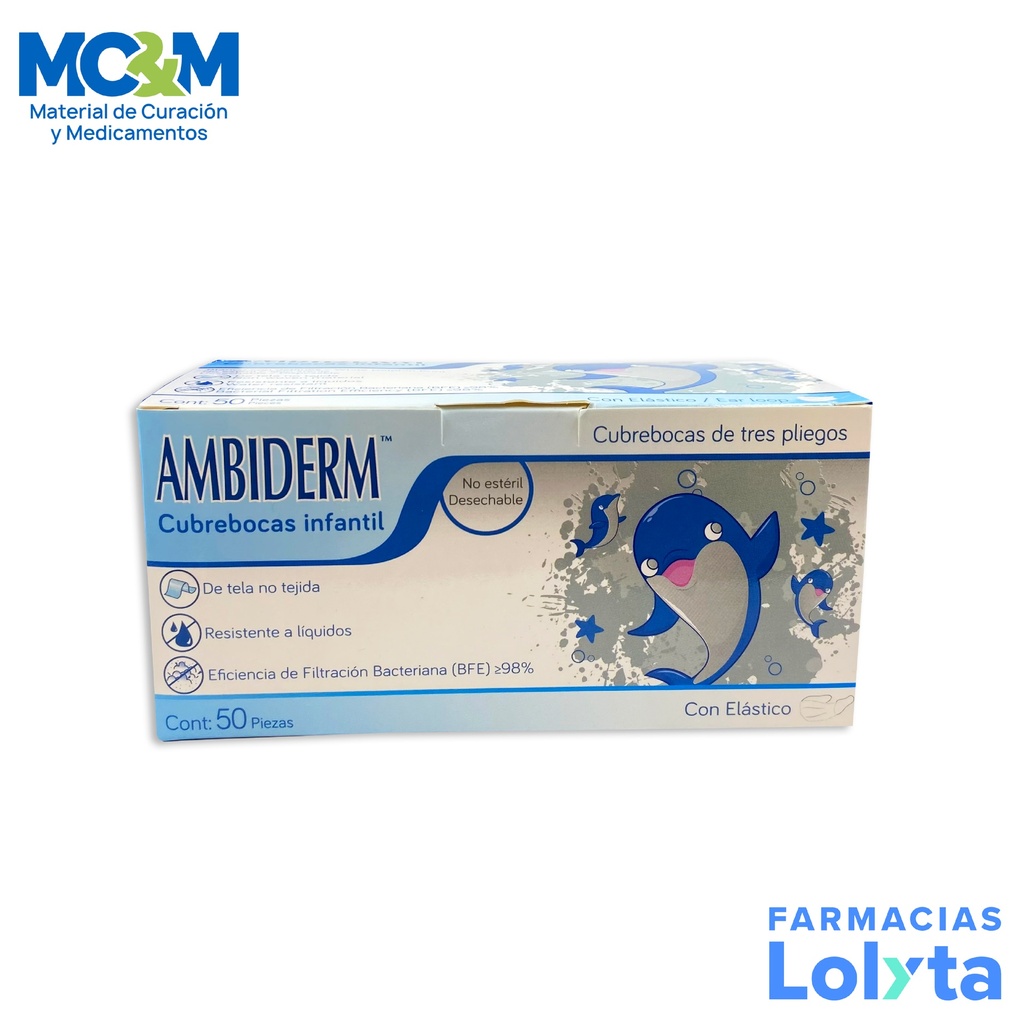 CUBREBOCA INFANTIL CON ESTAMPADO 3 PLIEGOS CON ELASTICO C/50 AMBIDERM