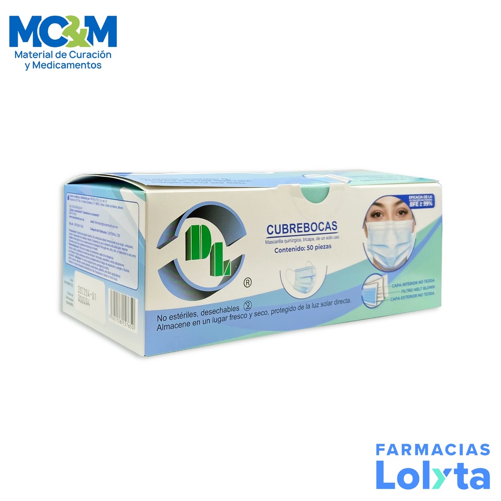 CUBREBOCAS QUIRURGICO TRICAPA ELASTICO C/50 PZAS NO ESTERIL DENTILAB