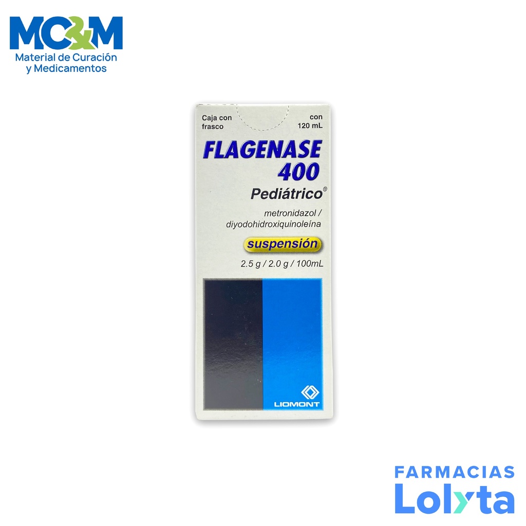 FLAGENASE 400 PEDIATRICO SUSPENSION 2.5/2G/100 ML C/120 ML METRONIDAZOL DIYODOHIDROXIQUINOLEINA LAB LIOMONT