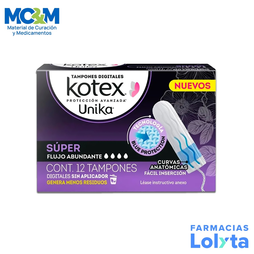 KOTEX TAMPONES UNIKA SUPER FLUJO ABUNDANTE C/12 PZAS KIMBERLY CLARK