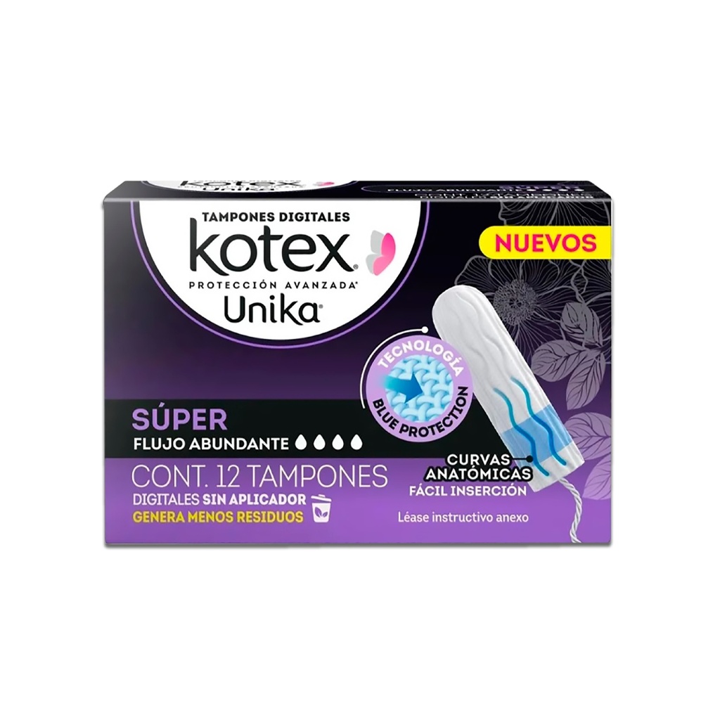 KOTEX TAMPONES UNIKA SUPER FLUJO ABUNDANTE C/12 PZAS KIMBERLY CLARK