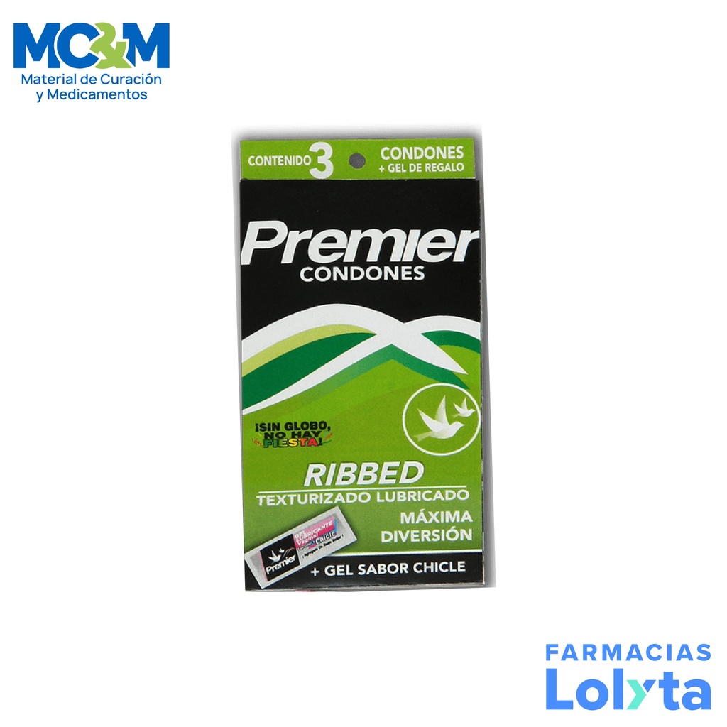 [665] PRESERVATIVO PREMIER RIBBED VERDE C/3 PIEZAS LAB PREMIER