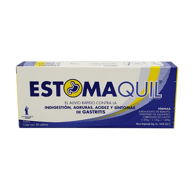 ESTOMAQUIL POLVO 0.300/1.100/1.600 G C/20 SOBRES SUBSALICILATO DE BISMUTO HIDROXIDO DE MAGNESIO CARBONATO DE CALCIO LAB HIGIA