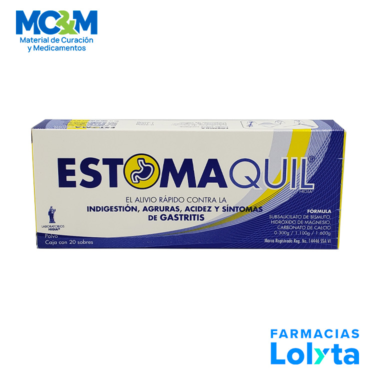 ESTOMAQUIL POLVO 0.300/1.100/1.600 G C/20 SOBRES SUBSALICILATO DE BISMUTO HIDROXIDO DE MAGNESIO CARBONATO DE CALCIO LAB HIGIA