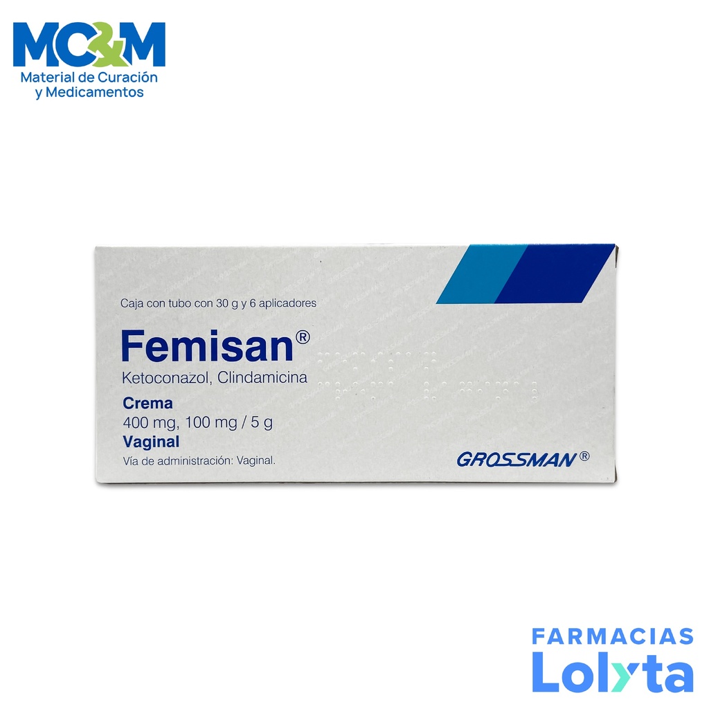 FEMISAN CREMA VAGINAL 400/100 MG/5 G TUBO C/30 G 6 APLICADORES KETOCONAZOL CLINDAMICINA LAB GROSSMAN