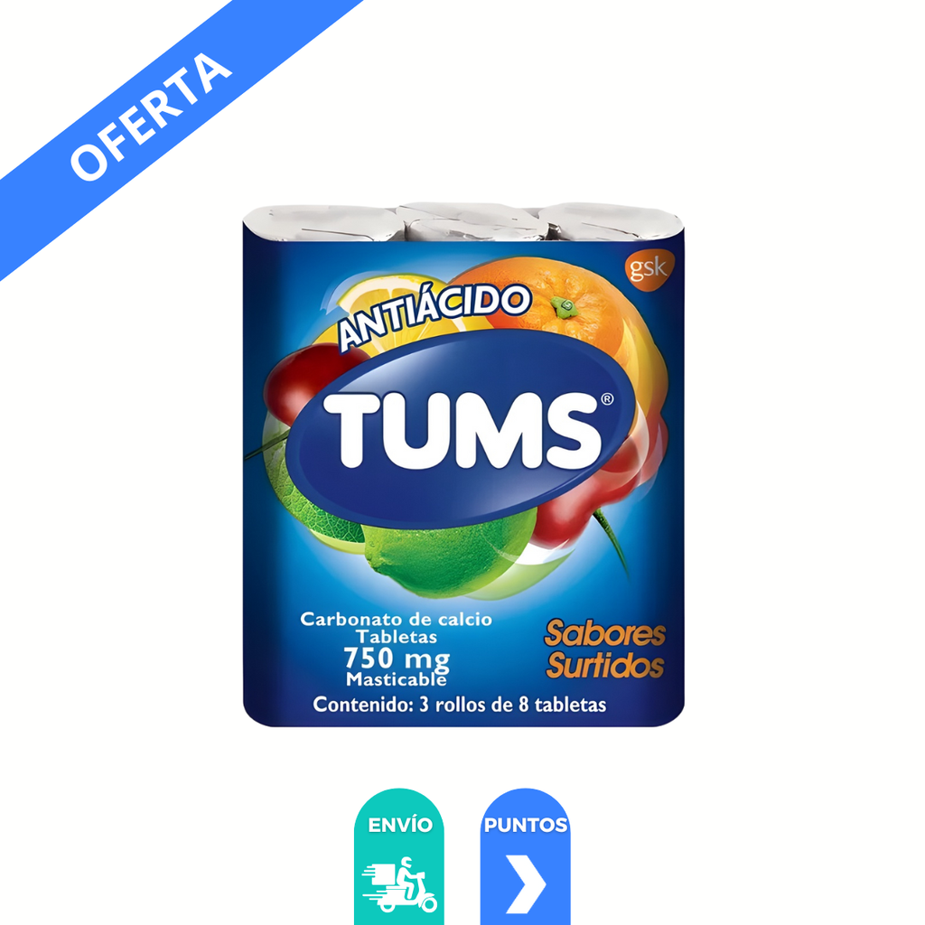 TUMS ANTIACIDO 750 MG C/24 TAB MASTICABLES SABORES SURTIDOS CARBONATO DE CALCIO LAB HALEON