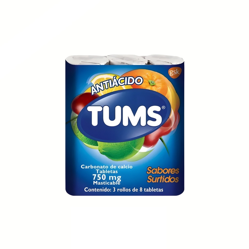 TUMS ANTIACIDO 750 MG C/24 TAB MASTICABLES SABORES SURTIDOS CARBONATO DE CALCIO LAB HALEON