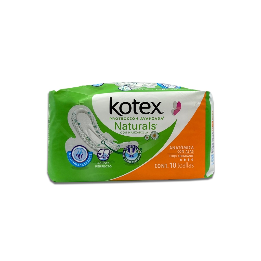 KOTEX PROT. AV. NATURALS CON MANZANILLA ANATOMICA CON ALAS FLUJO ABUNDANTE C/10 TOALLAS (VERDE) KIMBERLY-CLARK