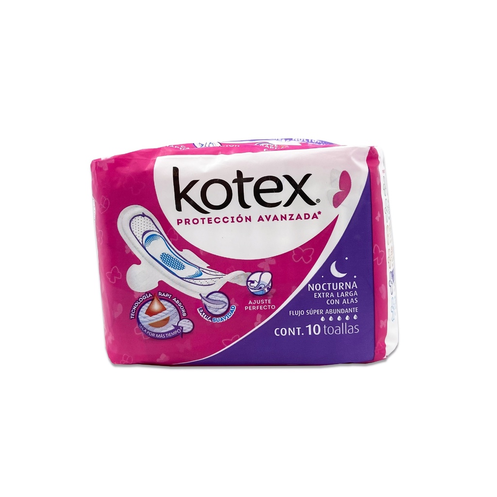 KOTEX NOCTURNA EXTRA LARGA CON ALAS FLUJO SUPER ABUNDANTE C/10 TOALLAS KIMBERLY CLARK