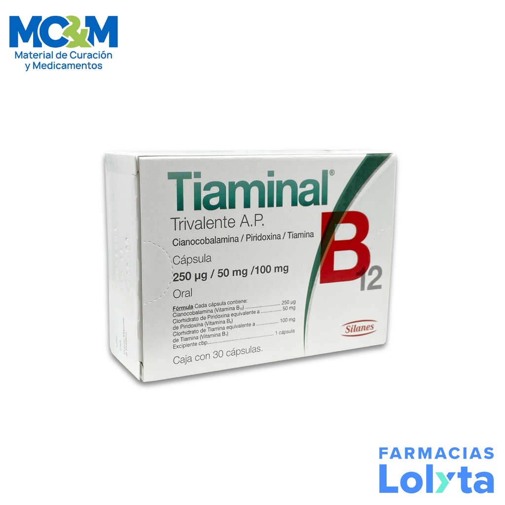 [1099] TIAMINAL B12 TRIVALENTE AP 250 MCG/50MG/100MG C/30 CAP CIANOCOBALAMINA PIRIDOXINA TIAMINA LAB SILANES