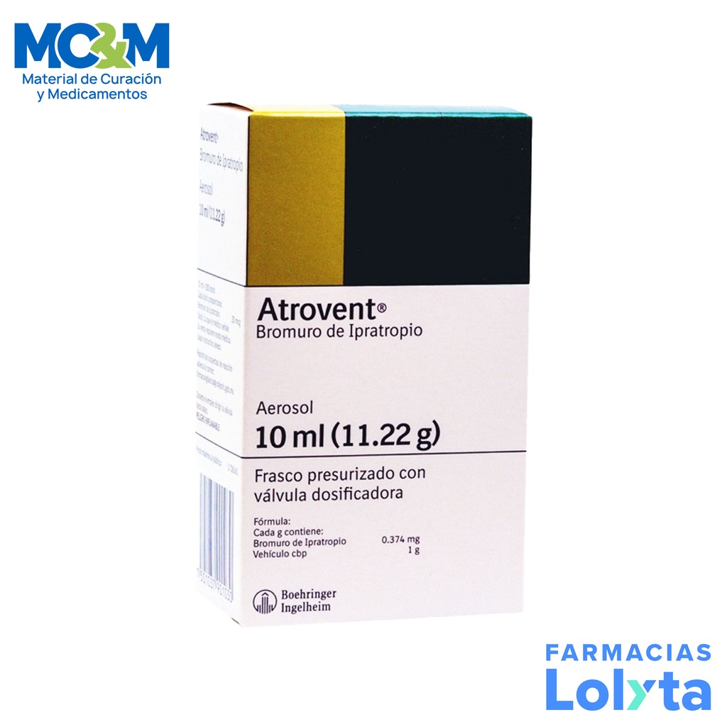 ATROVENT AEROSOL P/INHALACION BUCAL 20 MCG C/200 DOSIS FCO C/10 ML (11.22 G) BROMURO DE IPRATROPIO LAB BOEHRINGER