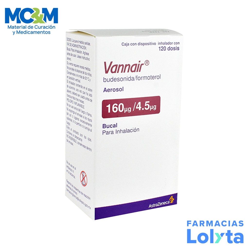 VANNAIR AEROSOL BUCAL P/INHALACION 160/4.5 MCG C/120 DOSIS BUDESONIDA FORMOTEROL LAB ASTRAZENECA