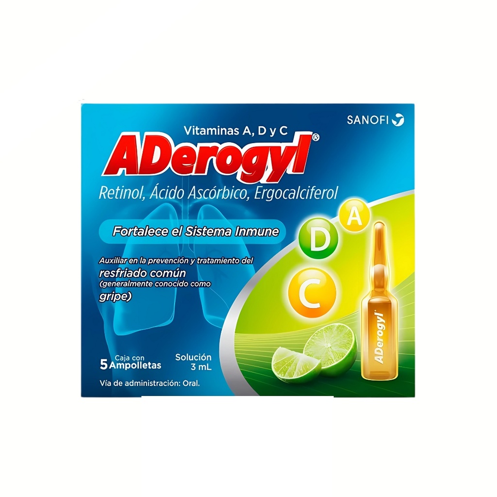[1307] ADEROGYL SOL ORAL 3.3/499.65/0.03 MG/3 ML C/5 AMP RETINOL ACIDO ASCORBICO ERGOCALCIFEROL