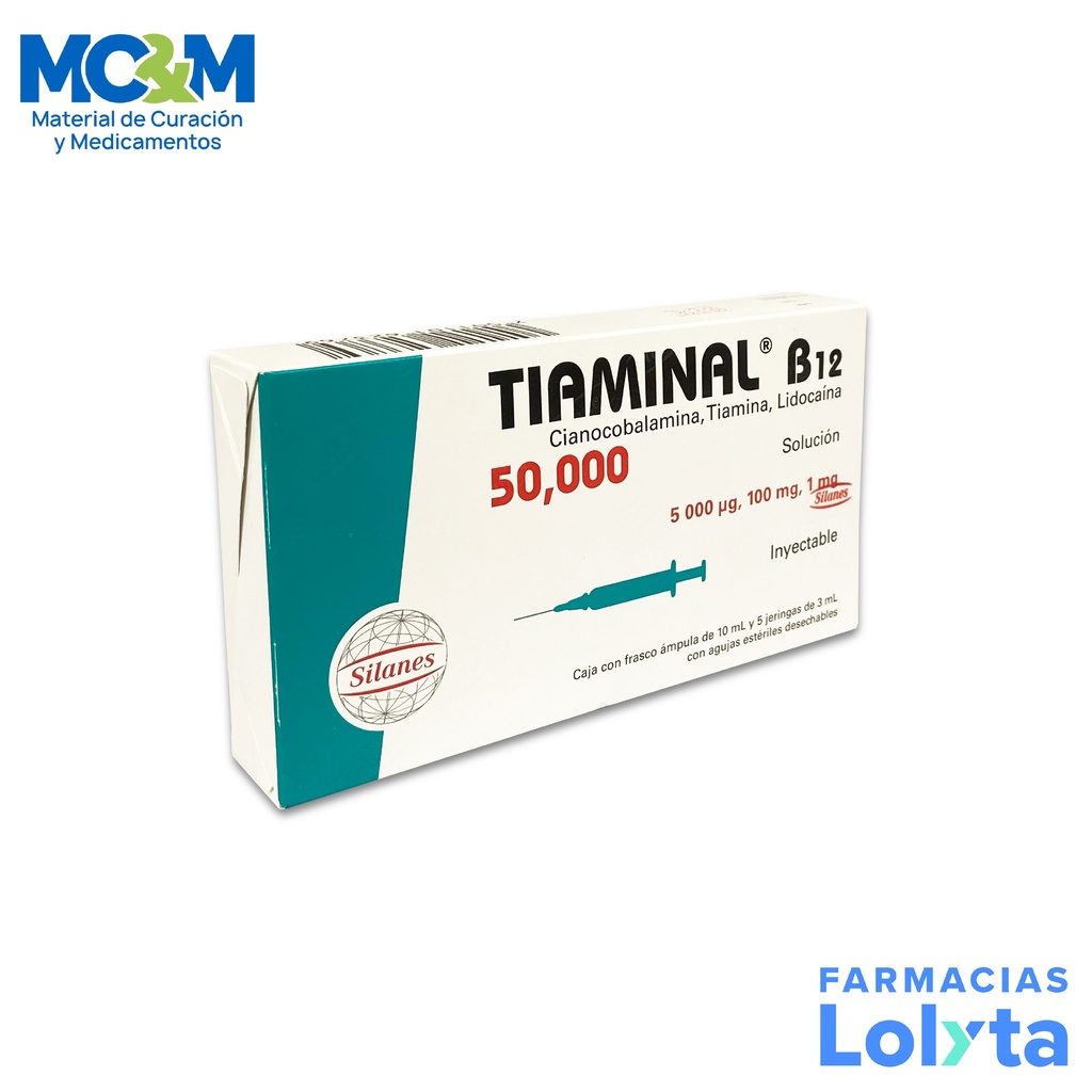 TIAMINAL B12 50 000 SOL INY 5000 MCG/100/1 MG FCO C/10ML Y 5 JERINGAS 3 ML IM CIANOCOBALAMINA TIAMINA LIDOCAINA LAB SILANES