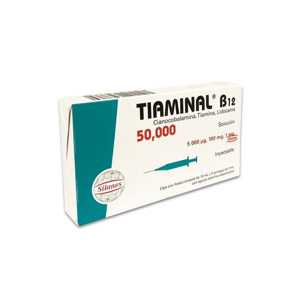 [1597] TIAMINAL B12 50 000 SOL INY 5000 MCG/100/1 MG FCO C/10ML Y 5 JERINGAS 3 ML IM CIANOCOBALAMINA TIAMINA LIDOCAINA LAB SILANES