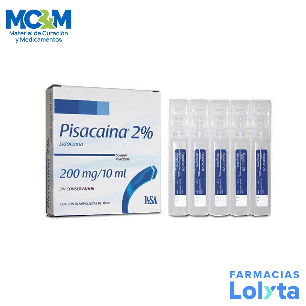 LIDOCAINA SOL INY 200 MG/10 ML C/10 AMP PISACAINA 2% LAB PISA