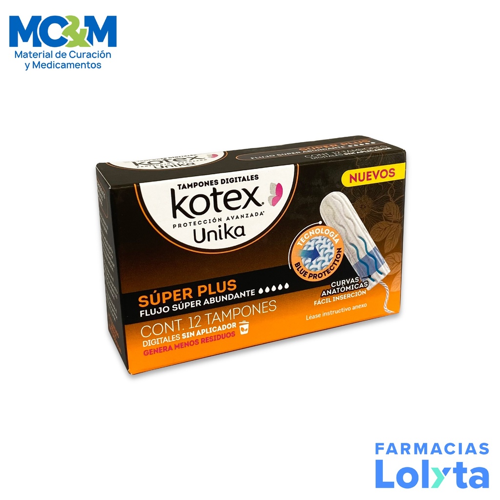 KOTEX TAMPONES UNIKA SUPER PLUS FLUJO SUPER ABUNDANTE C/12 PZAS KIMBERLY CLARK