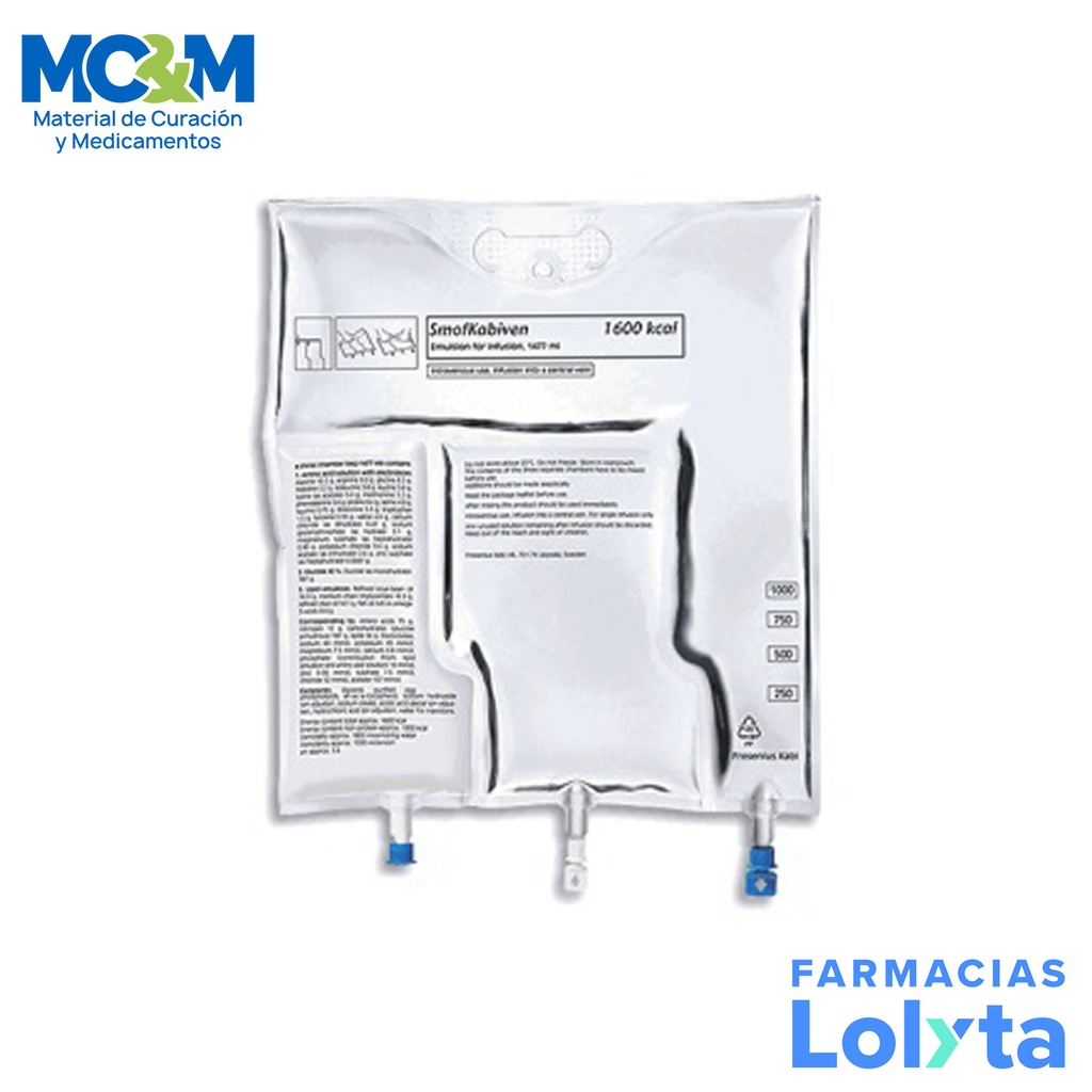 SMOFKABIVEN CENTRAL EMULSION INY 1600 KCAL 1477ML AMINOACIDOS ELECTROLITOS GLUCOSA LIPIDOS FRESENIUS