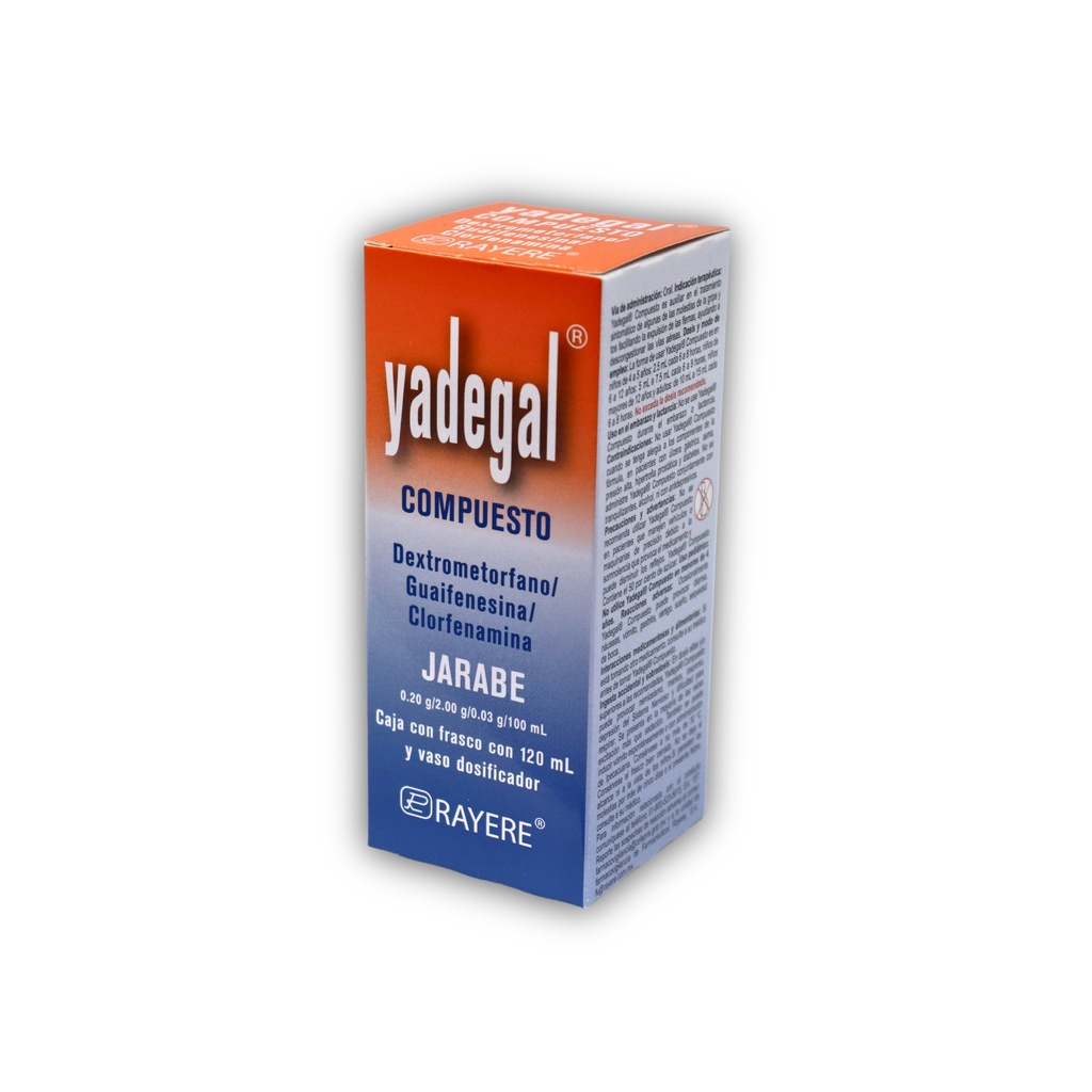 DEXTROMETORFANO GUAIFENESINA CLORFENAMINA JARABE 0.20/2/0.03 G/100 ML FCO C/120 ML YADEGAL COMPUESTO LAB RAYERE