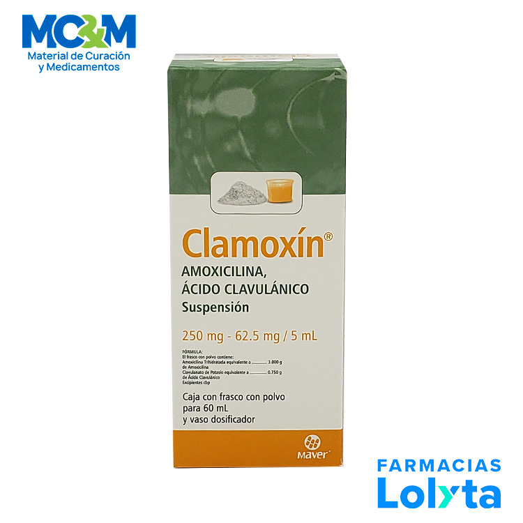 AMOXICILINA ACIDO CLAVULANICO SUSPENSION 250/62.5 MG/5 ML FCO C/60 ML CLAMOXIN LAB MAVER