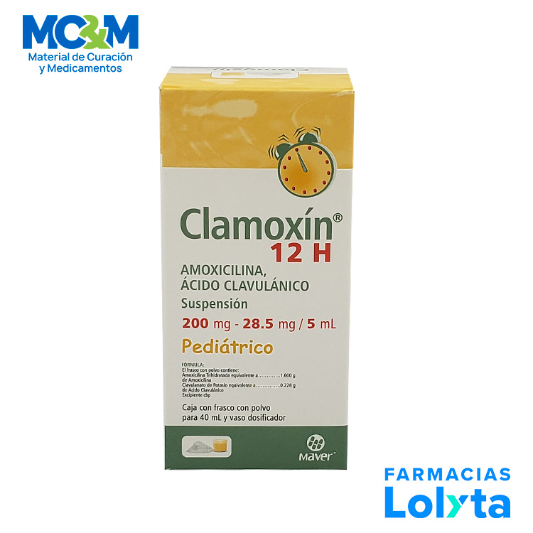 [1766] AMOXICILINA ACIDO CLAVULANICO SUSPENSION 200/28.5/5 ML FCO C/40 ML CLAMOXIN 12H PEDIATRICO LAB MAVER