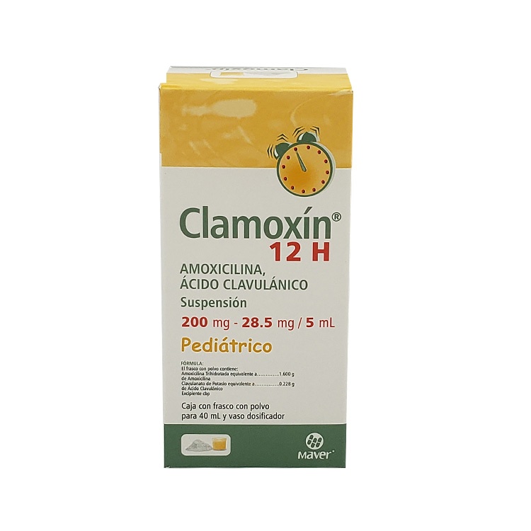 [1766] AMOXICILINA ACIDO CLAVULANICO SUSPENSION 200/28.5/5 ML FCO C/40 ML CLAMOXIN 12H PEDIATRICO LAB MAVER