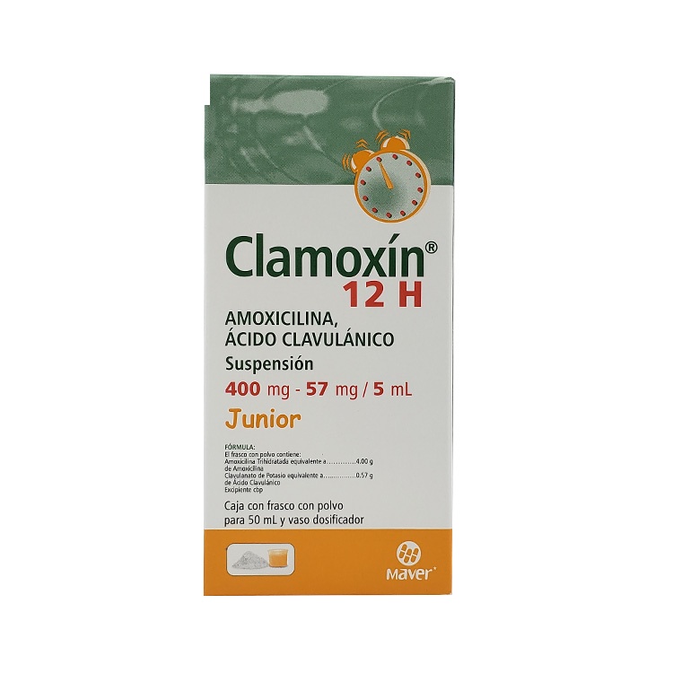 AMOXICILINA ACIDO CLAVULANICO SUSPENSION 400/57 MG/5 ML C/50 ML CLAMOXIN 12 H JUNIOR LAB MAVER