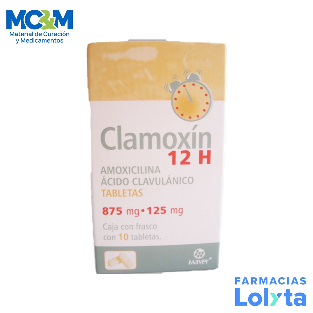 AMOXICILINA ACIDO CLAVULANICO 875MG/125MG C/10 TAB CLAMOXIN 12H LAB MAVER