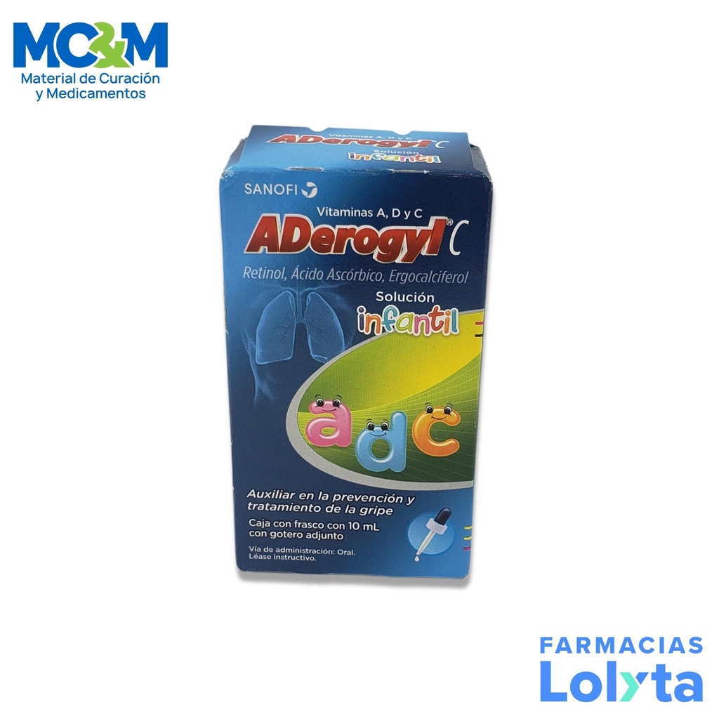 ADEROGYL INFANTIL VITAMINAS A D Y C SOL ORAL C/10 ML RETINOL ACIDO ASCORBICO ERGOCALCIFEROL LAB SANOFI