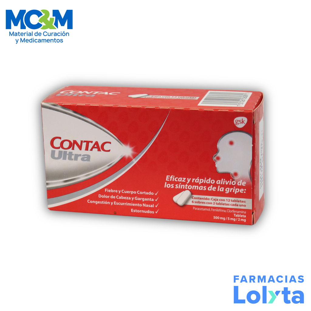 CONTAC ULTRA 500/5/2 MG C/12 TAB PARACETAMOL FENILEFRINA CLORFENAMINA LAB GSK
