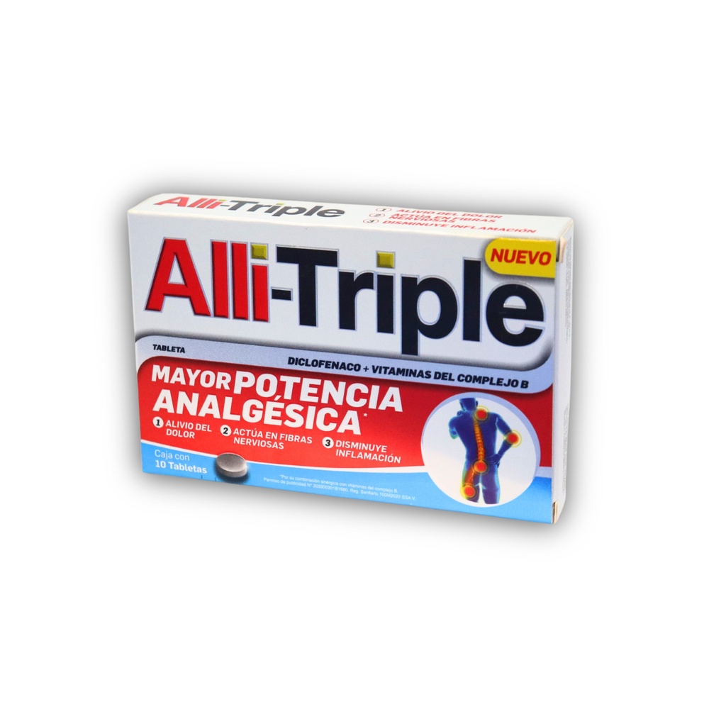 ALLI-TRIPLE 50/0.25/50/50 MG C/10 TAB DICLOFENACO CIANOCOBALAMINA PIRIDOXINA TIAMINA LAB GENOMMA