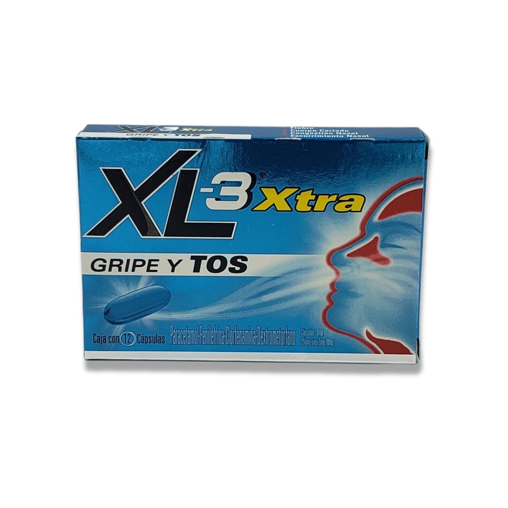 [1863] XL-3 XTRA GRIPA Y TOS 2/5/10/250 MG C/12 CAP CLORFENAMINA FENILEFRINA DEXTROMETORFANO PARACETAMOL LAB GENOMMA