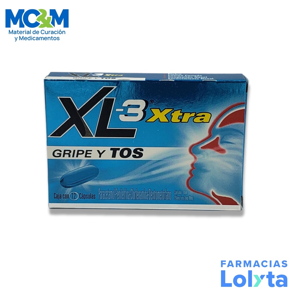 [1863] XL-3 XTRA GRIPA Y TOS 2/5/10/250 MG C/12 CAP CLORFENAMINA FENILEFRINA DEXTROMETORFANO PARACETAMOL LAB GENOMMA