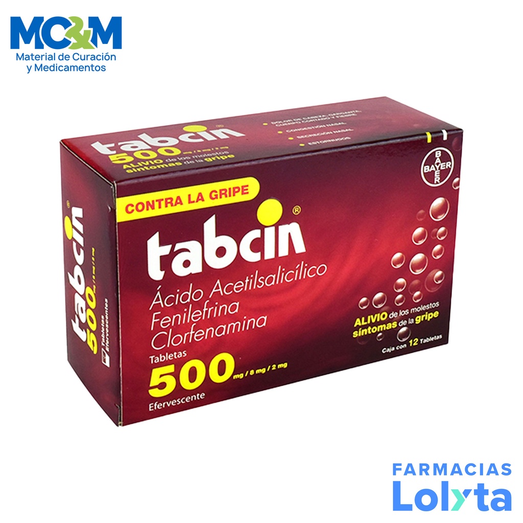 TABCIN 500/8/2 MG C/12 TAB ACIDO ACETILSALICILICO FENILEFRINA CLORFENAMINA LAB BAYER (ROJO)