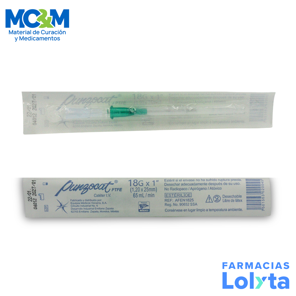 CATETER PUNZOCAT VERDE #18GX1" (25 MM) C/1 PIEZA NO RADIOPACO VIZCARRA REF AFEN1825