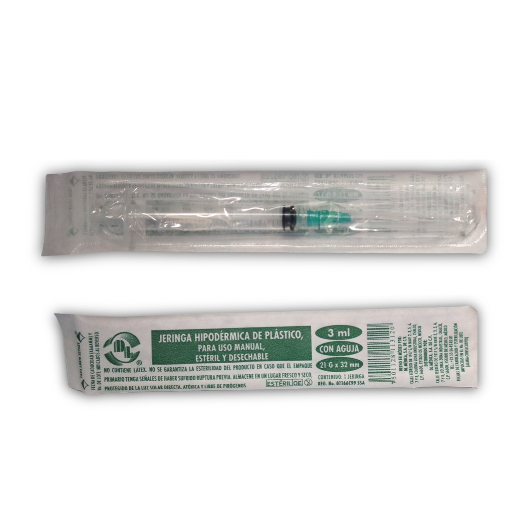 [2231] JERINGA 3 ML 21X32 C/AGUJA C/1 PZA VERDE DENTILAB