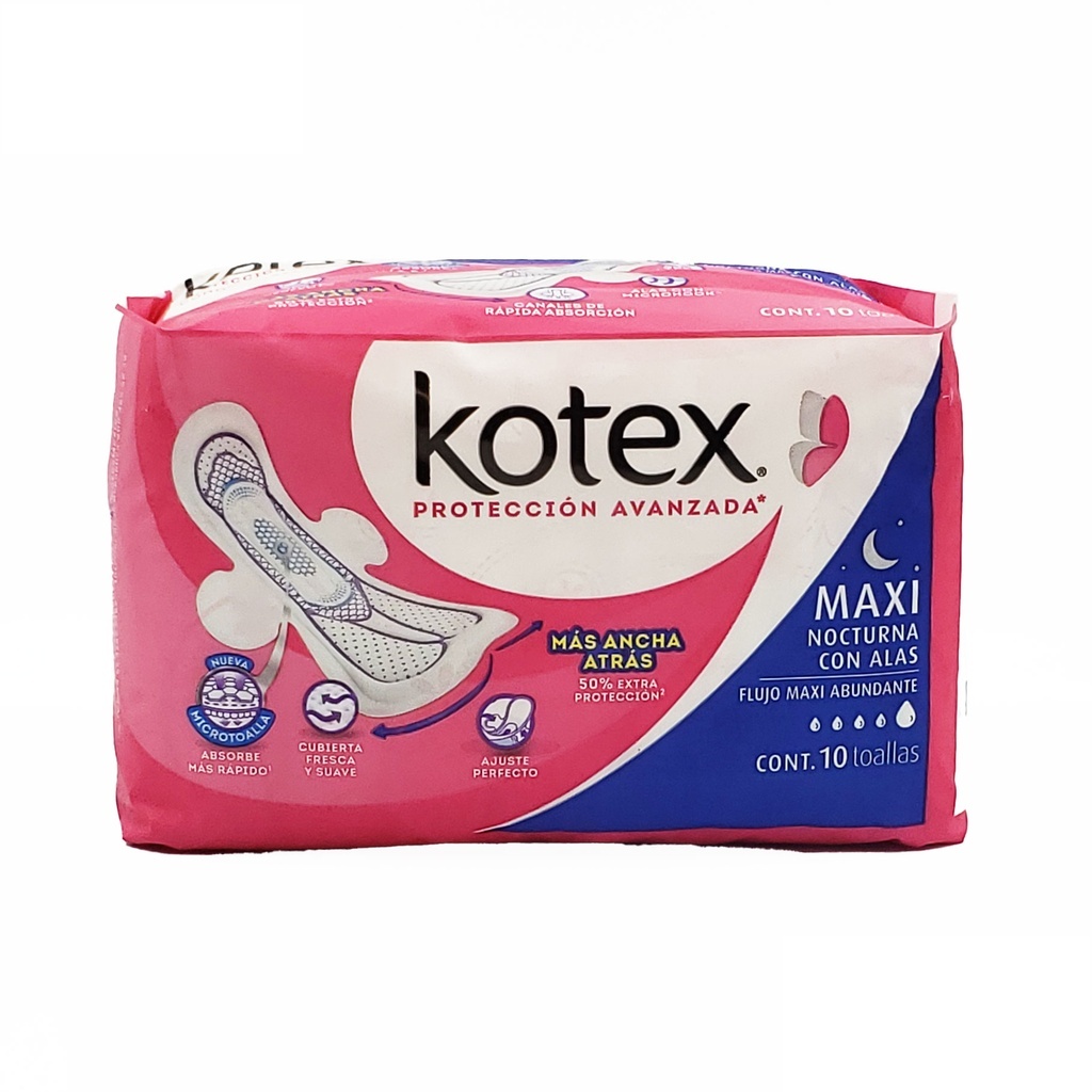 KOTEX MAXI NOCTURNA EXTRA LARGA CON ALAS FLUJO MAXI ABUNDANTE C/10 TOALLAS KIMBERLY CLARK