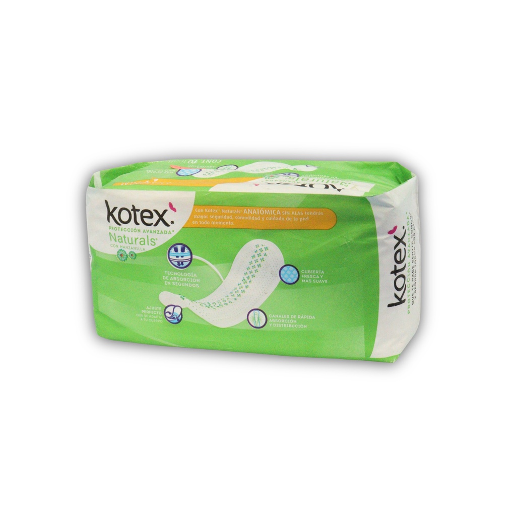 [2259] KOTEX PROTECCION AVANZADA NATURALS CON MANZANILLA ANATOMICA SIN ALAS FLUJO ABUNDANTE C/10 TOALLAS (VERDE) KIMBERLY CLARK