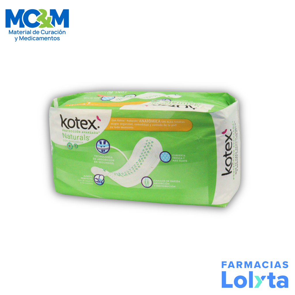 KOTEX PROTECCION AVANZADA NATURALS CON MANZANILLA ANATOMICA SIN ALAS FLUJO ABUNDANTE C/10 TOALLAS (VERDE) KIMBERLY CLARK