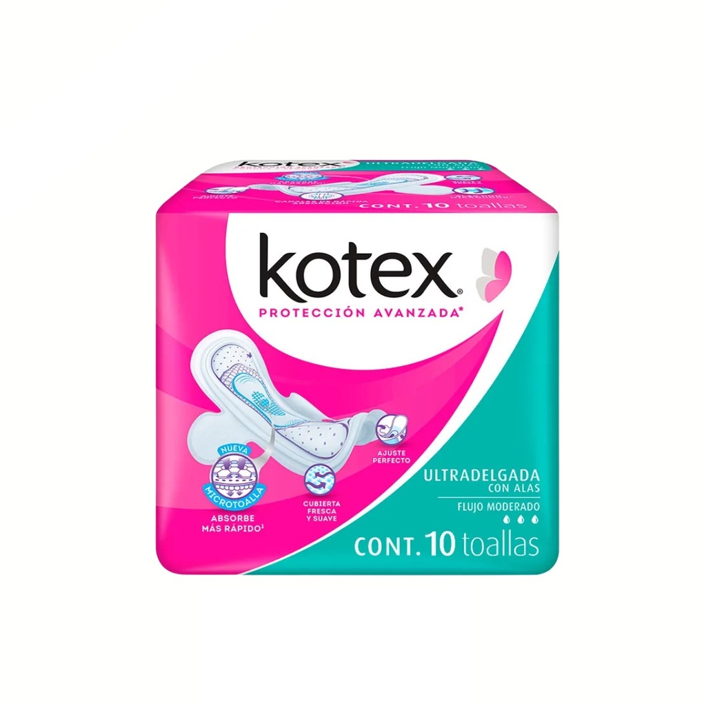 KOTEX SLIM CON ALAS ULTRADELGADA FLUJO MODERADO C/10 TOALLAS (AZUL) KIMBERLY CLARK
