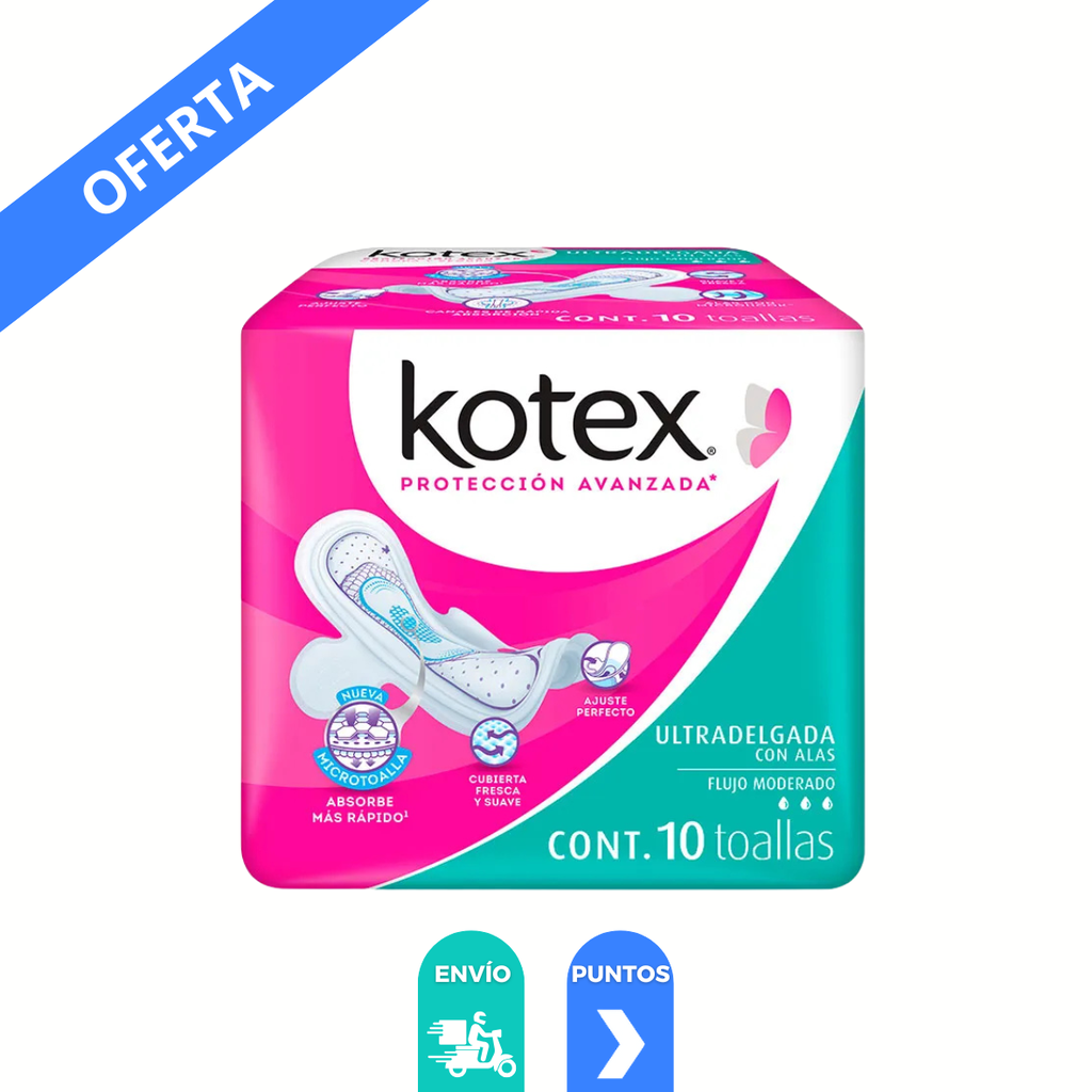 KOTEX SLIM CON ALAS ULTRADELGADA FLUJO MODERADO C/10 TOALLAS (AZUL) KIMBERLY CLARK