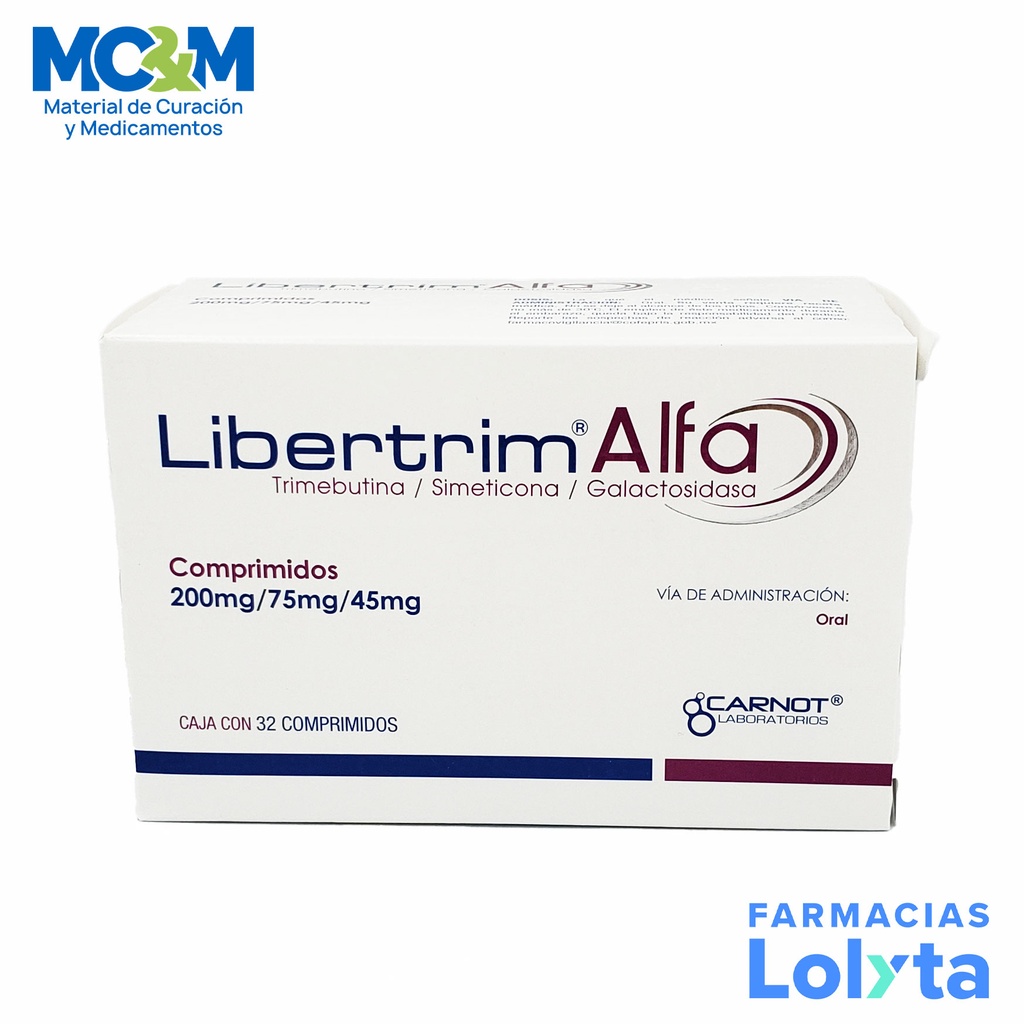 LIBERTRIM ALFA 200/75/45 MG C/32 COMPRIMIDOS TRIMEBUTINA SIMETICONA GALACTOSIDASA LAB CARNOT