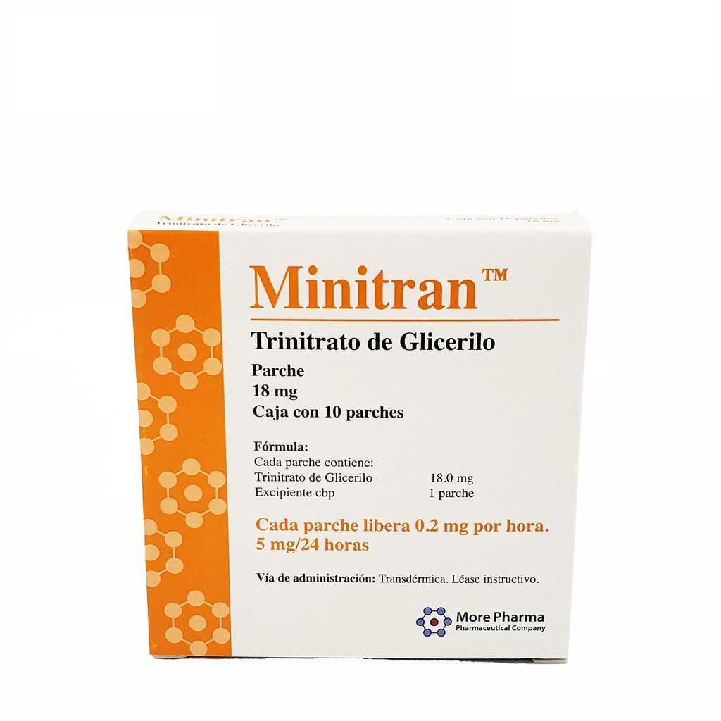 MINITRAN PARCHE 18 MG C/10 PARCHE .2 MG POR HORA 5MG/24 HRS TRINITRATO DE GLICERILO LAB MORE PHARMA