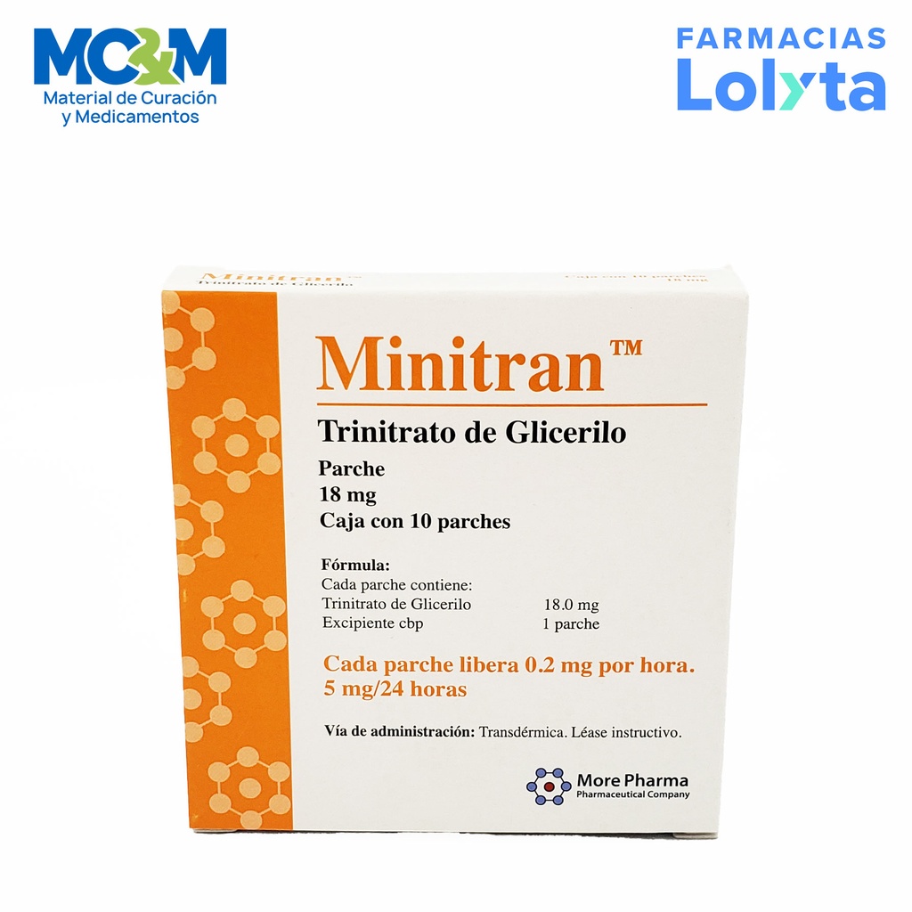 MINITRAN PARCHE 18 MG C/10 PARCHE .2 MG POR HORA 5MG/24 HRS TRINITRATO DE GLICERILO LAB MORE PHARMA