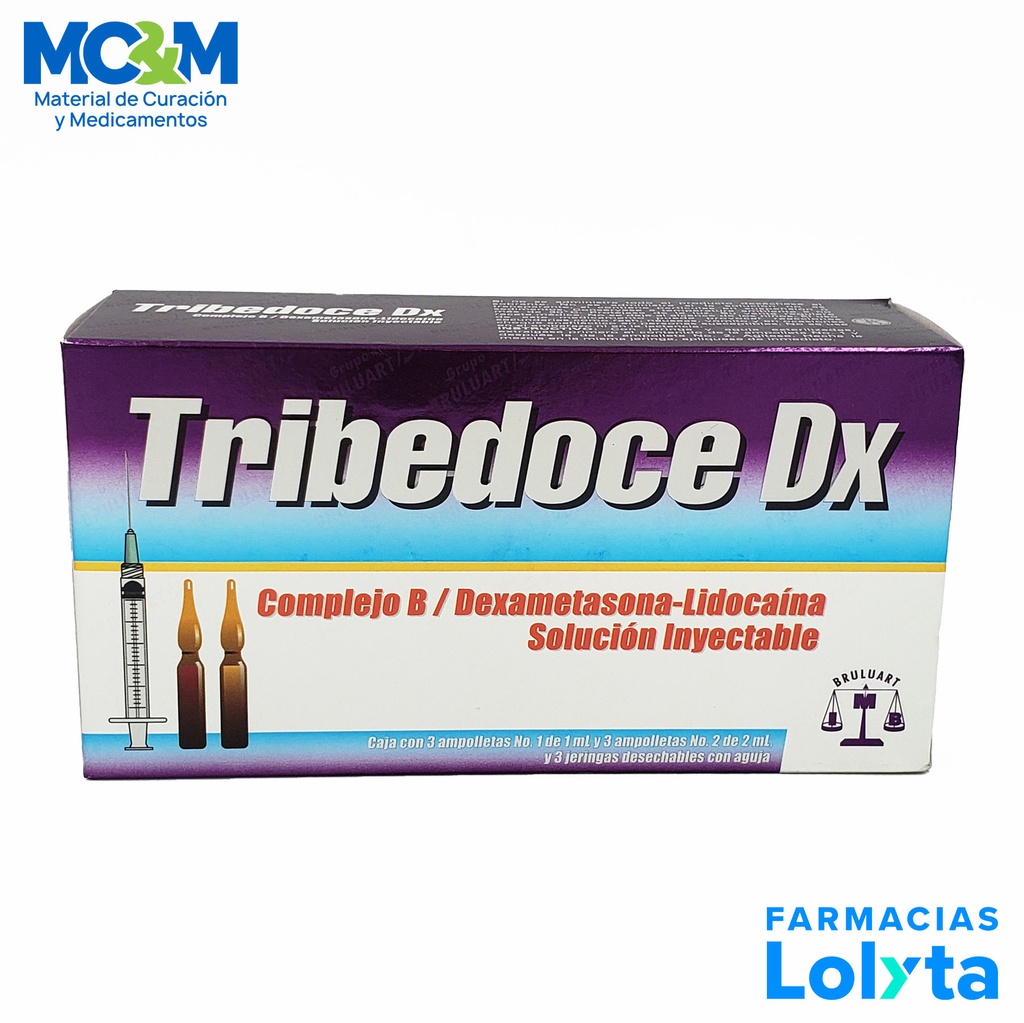 COMPLEJO B (TIAMINA/PIRIDOXINA/CIANOCOBALAMINA) DEXAMETASONA LIDOCAINA SOL INY 100/100/5/4/30 MG C/3 AMP TRIBEDOCE DX LAB BRULUART