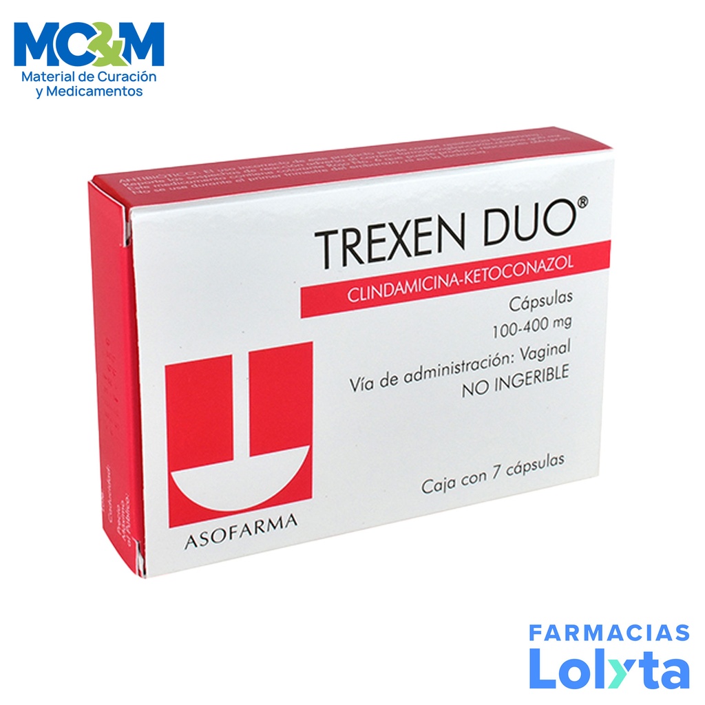 TREXEN DUO 100/400 MG C/7 CAP VAGINAL CLINDAMICINA KETOCONAZOL LAB ASOFARMA (OVULOS)