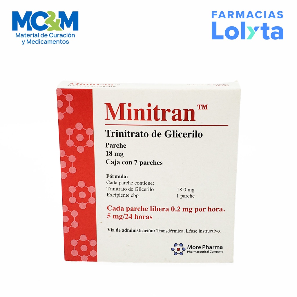 MINITRAN 18 MG C/7 PARCHES LIBERACION 0.2 MG/H 5 MG/ 24 H TRINITRATO DE GLICERILO LAB MORE PHARMA